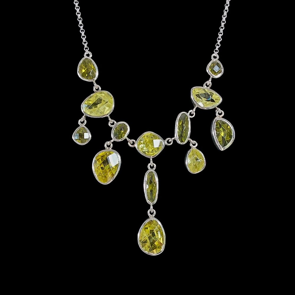 925 Silver and Luminous Green Art Glass 18" Chandelier Necklace Great Cond Boho